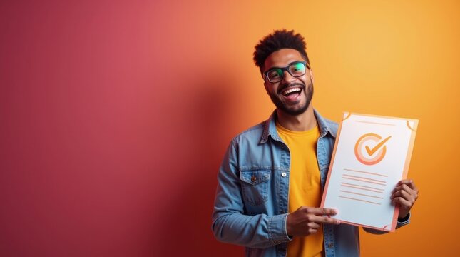 Joven emprendedor celebra la aprobaci&oacute;n mientras sostiene un documento de certificaci&oacute;n
