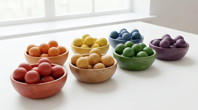 Colorful wooden sorting balls in natural and colored wooden bowls arranged on a white table, ideal for Montessori education or playful decoration.