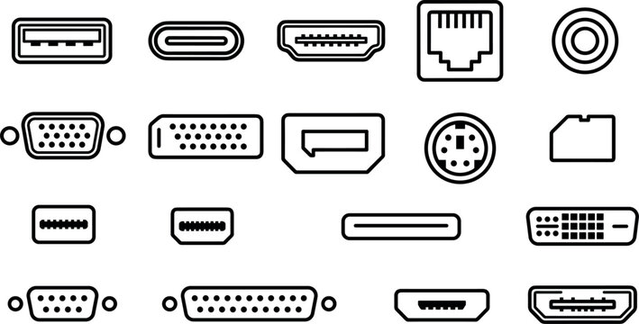 Computer Cable Port Icon Set Featuring USB Type C, HDMI, Ethernet RJ45, VGA, DVI, DisplayPort, and Hardware Connection Interfaces for Tech Designs