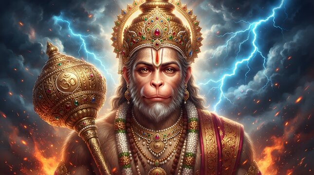 Hanuman deity with mace amidst dramatic lightning background
