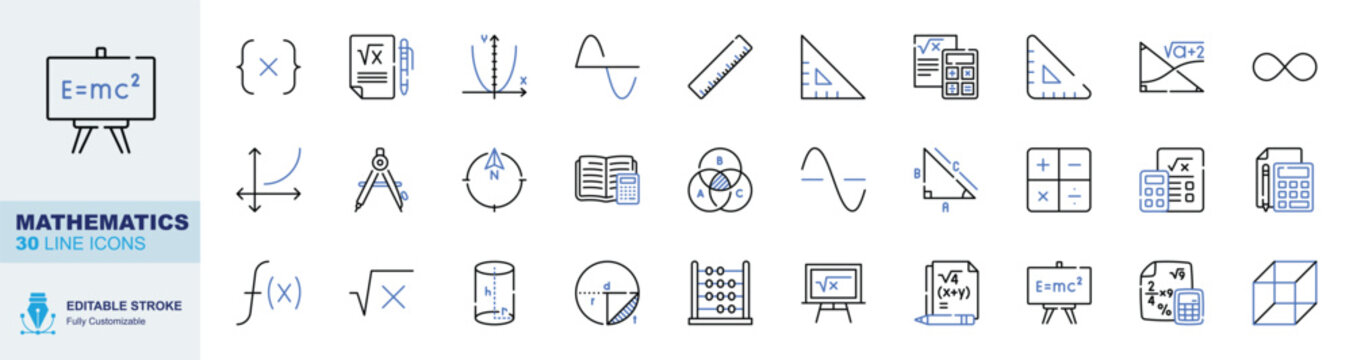 Mathematics icon set. Editable line icons formula board, equation, math test, parabola graph and ruler vector illustration