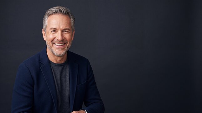A middle aged man with gray hair and a beard smiles warmly while wearing a dark blue blazer ad social media download thambnail poster web template event festival 2026 2027 2028