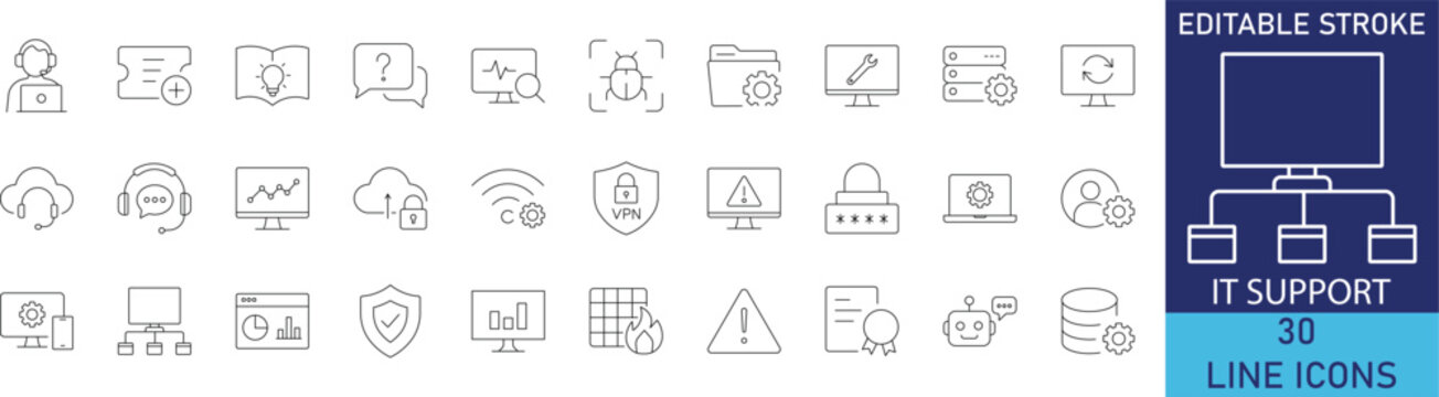 IT support and technical helpdesk troubleshooting system maintenance line icon set. Vector symbols for remote desktop assistance, network hardware repair, software diagnostics, and cybersecurity prote