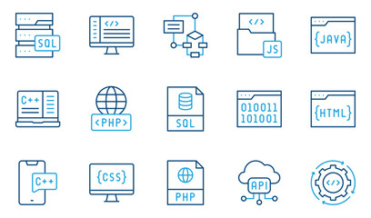 Programming language icon set. Editable line icons sql database, code editor, flowchart, javascript folder and java file vector illustration © Binaya