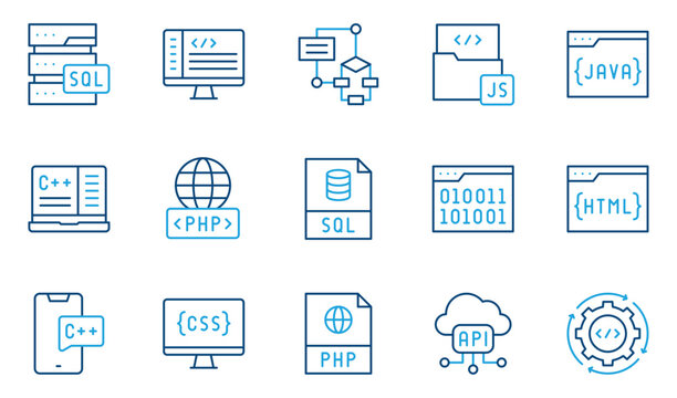 Programming language icon set. Editable line icons sql database, code editor, flowchart, javascript folder and java file vector illustration