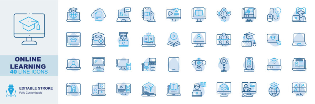 Online learning icon set. Editable line icons graduation monitor, global education, cloud document, video chat vector illustration