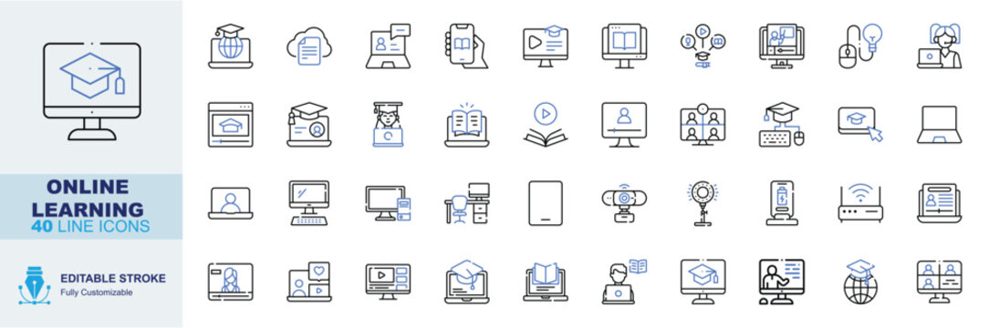 Online learning icon set. Editable line icons graduation monitor, global education, cloud document, video chat and mobile book vector illustration