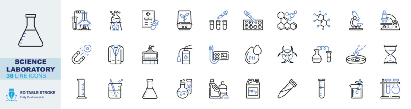 Science laboratory icon set. Editable line icons erlenmeyer flask, lab experiment, beaker fire, medical report and plant lab vector illustration