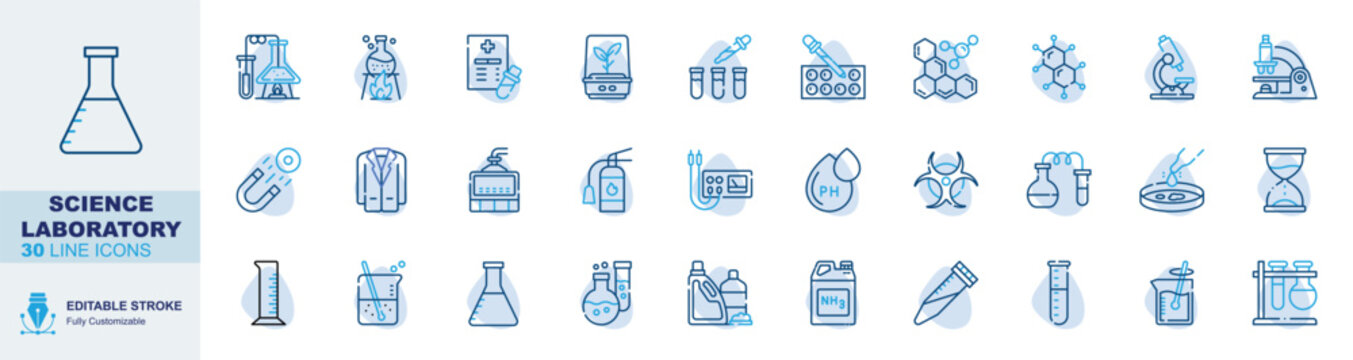Science laboratory icon set. Editable line icons erlenmeyer flask, lab experiment, beaker fire, medical report vector illustration