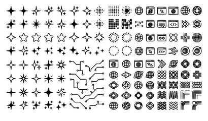 Fototapeta premium Retro Y2K Futuristic Vector Elements Stars Symbols and Abstract Shapes Set