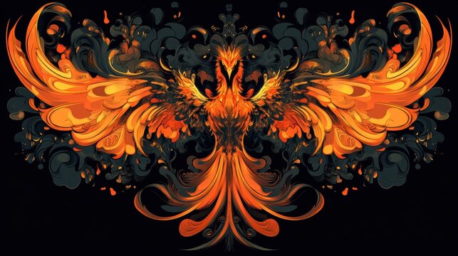 Fiery phoenix design with swirling flames and dark background.