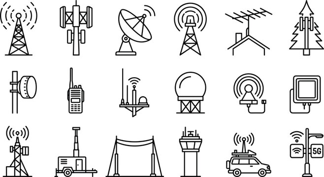 Telecommunication Tower and Wireless Network Line Icon Set with Satellite Dish Antenna Radio Mast Walkie Talkie and 5G Technology Symbols