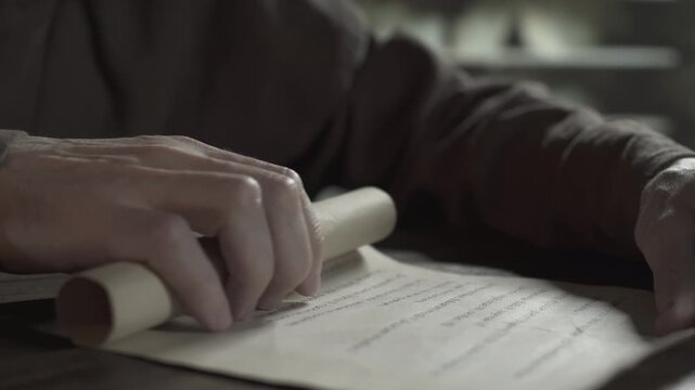 Hands of a monastic scribe rolling out a manuscript sheet, reading a monastery supply list on a workshop table, inside a medieval dark library