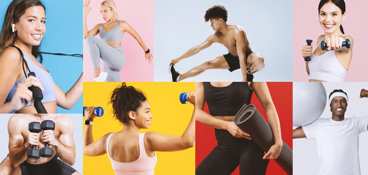 Happy Young Adults Exercising Together In Gym, Showing Focus And Energy. Group Includes Men And Women Of Various Ethnicities, Engaging In Strength Training With Dumbbells And Mats, Fitness Concept.