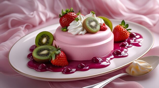 An elegant pink mousse dessert is beautifully plated with fresh strawberry, kiwi slices, whipped cream, and vibrant berry sauce, creating a sophisticated fine dining presentation.