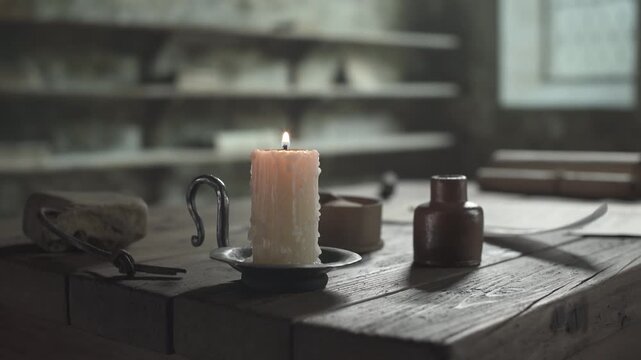 Clay inkpot, a wooden pounce pot with a small spoon and a sharpening stone with a leather strap resting next to a burning candle on a table, inside a dim medieval monastery scriptorium