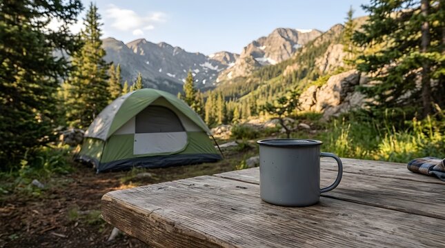 Gray enamel camping mug on a weathered wooden picnic table at a scenic campsite with a green dome tent and rugged mountains under a clear blue sky in the wilderness.