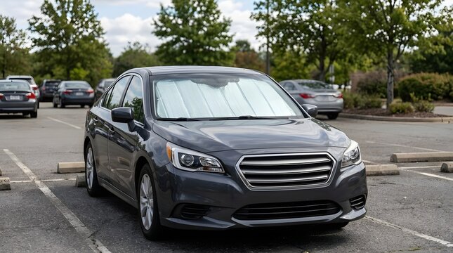 Gray modern sedan parked in an outdoor asphalt parking lot with a silver reflective sunshade shield visible in the front windshield, surrounded by trees on a bright day.
