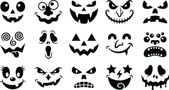 Halloween Monster Face Silhouette Collection with Scary Pumpkin Ghost Vampire and Cartoon Expressions