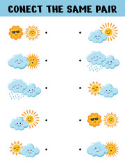 Fototapeta premium Printable weather matching worksheet featuring cute suns, clouds, rainy clouds and sunny skies to develop visual discrimination, observation, concentration and logical thinking skills
