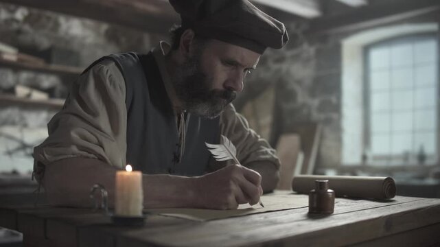 Medieval craftsman writing on a geometric drawing, pausing and writing again next to a burning candle inside a workshop