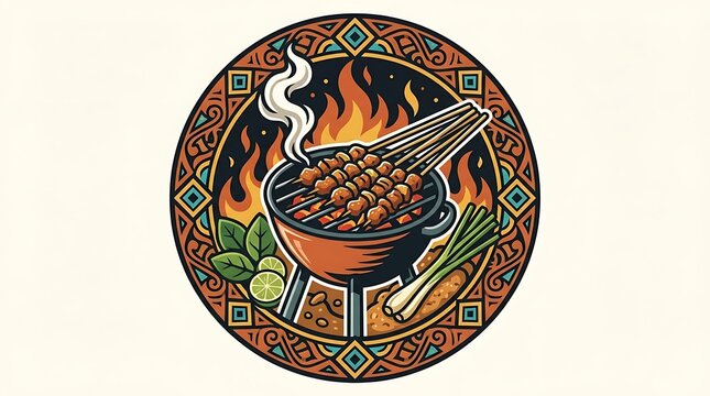 Satay skewers grilling on a flame barbecue with cultural design