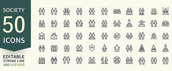 Obraz premium Editable line icons representing society people relationships friendship teamwork community and diverse human interactions.