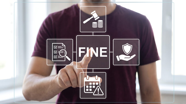 Man using virtual touch screen presses word FINE. Fines, financial mulct or punishment concept. Payment of fine with legal document. New concept