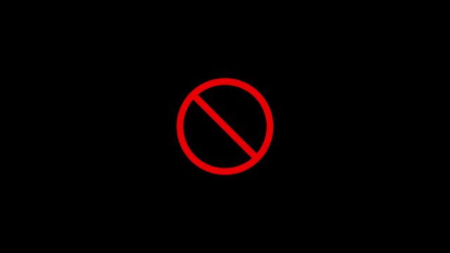 Minimalist red prohibition sign with black silhouette of a person looped motion graphic animation on social media black background, 4k quality animation video red prohibition sign.