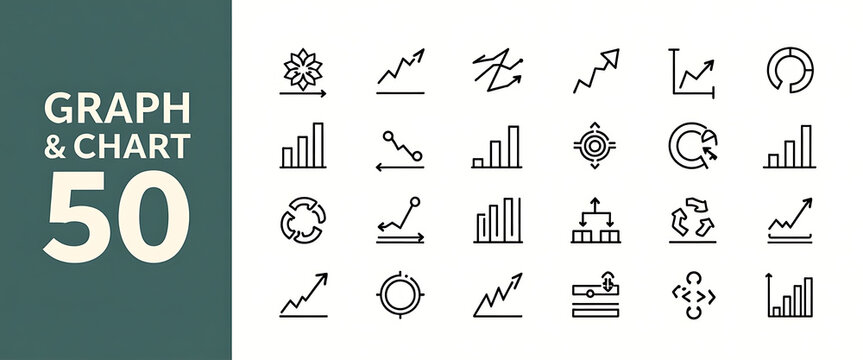 Set of 50 line icons representing graph and chart types for business analytics and data visualization.