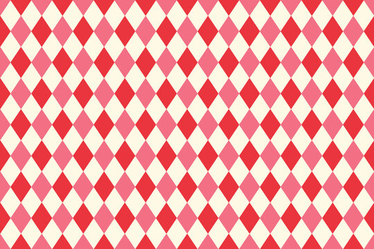 Seamless pattern in the style of a circus harlequin, diamonds with diamond-shaped motifs of red flowers. 