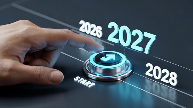 Hand pressing start button with futuristic interface showing years 2026 2027 2028, concept of beginning new year and future technology.