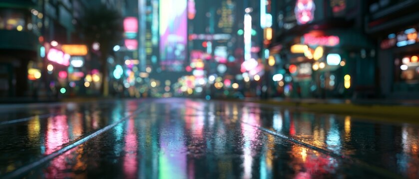 Futuristic Rainy Neon City Street at Night