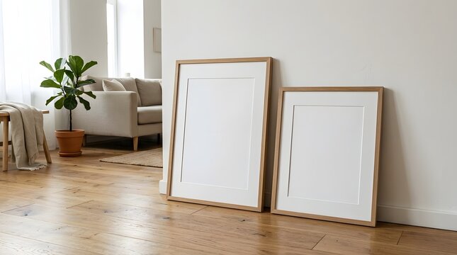 Two blank wooden picture frames leaning against a white wall in a modern minimalist living room with a beige sofa, potted fiddle leaf fig plant, and polished hardwood floors.
