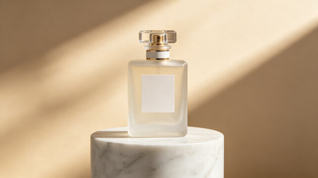 Mockup Blank luxury frosted glass perfume bottle with an editable blank label,premium fragrance advertising photography