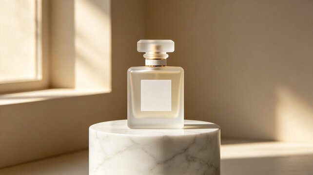 Mockup Blank luxury frosted glass perfume bottle with an editable blank label,premium fragrance advertising photography