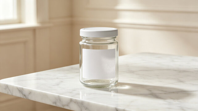 Mockup Blank clear glass jar with a matte white lid and editable blank label, premium food packaging photography