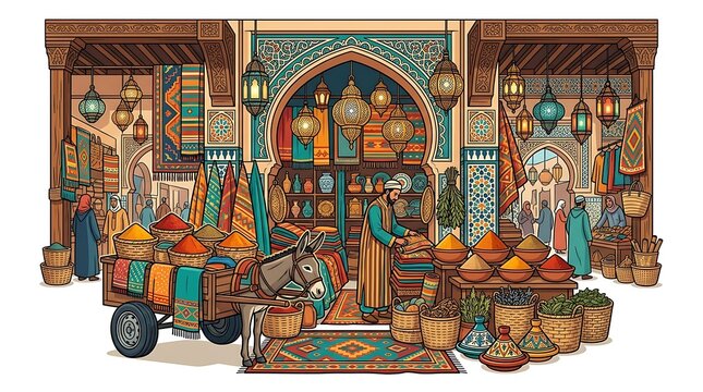 Vibrant traditional bazaar market with spices textiles and donkey cart
