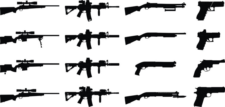 Professional Vector Collection of Firearm Silhouettes Featuring Rifles Shotguns and Handguns for Tactical Use