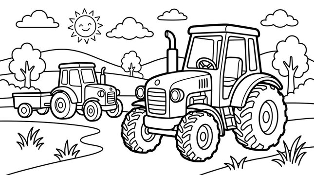 Tractor Illustration with Farm Vehicles, Cartoon Landscape, Trees and Clouds, Whimsical Outdoor Scene