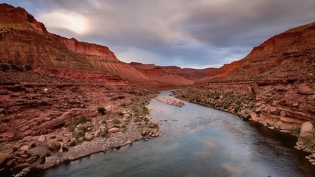 Canyon river timelapse shimmering continuous light transitions across dramatic rocky view