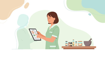 Fototapeta premium Pharmacist consulting patient on tablet, natural remedies on shelf