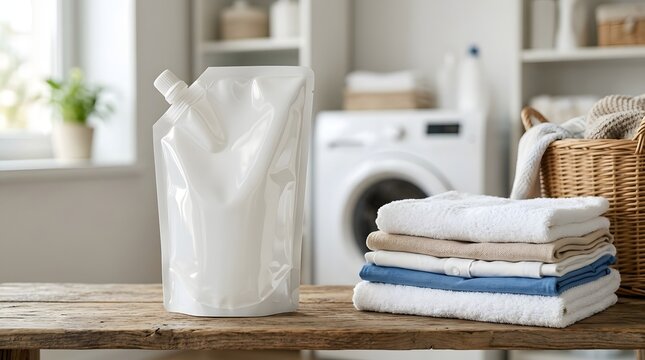 White plastic detergent pouch with spout mockup on wooden table next to folded laundry in a blurred laundry room background featuring a washing machine and wicker basket.