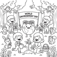 Fototapeta premium Adorable children and animals celebrating world environment day planting trees and flowers in a cheerful forest scene