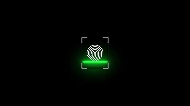 Neon finger print animation on black background. glowing fingerprint scanning icon motion. biometric scanner for identification 4k video footage. Abstract fingerprint design, 4k quality animation