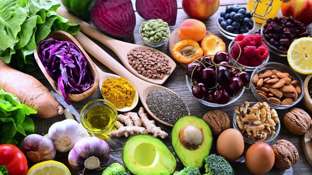 Variety of superfood products representing healthy diet