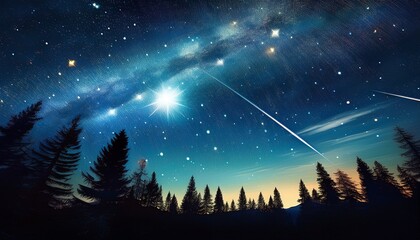 Fototapeta premium Shooting Star Across A Starry Night Sky Over Silhouetted Forest