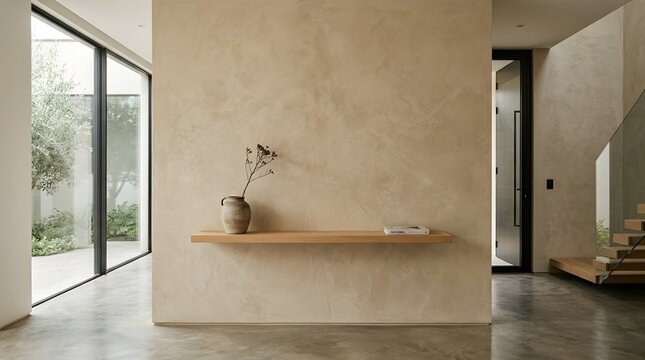 Modern minimalist bathroom with floating wooden shelf. Sleek microcement walls and natural light for contemporary interior design.