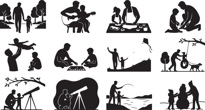 A set of black silhouette depicting various bonding activities and shared hobbies between a father and his child in different environments