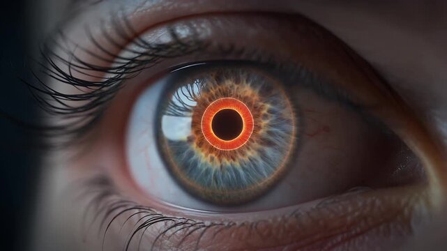 Intense close-up of a human eye with a captivating, glowing red and orange pupil, showcasing futuristic technology, artificial intelligence, and advanced cybernetic vision